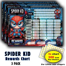 3 Pack Good Behaviour - Superhero - Spider Kid Themed Reward Chart - 300 Gold Star Stickers - Early Learning & Routine