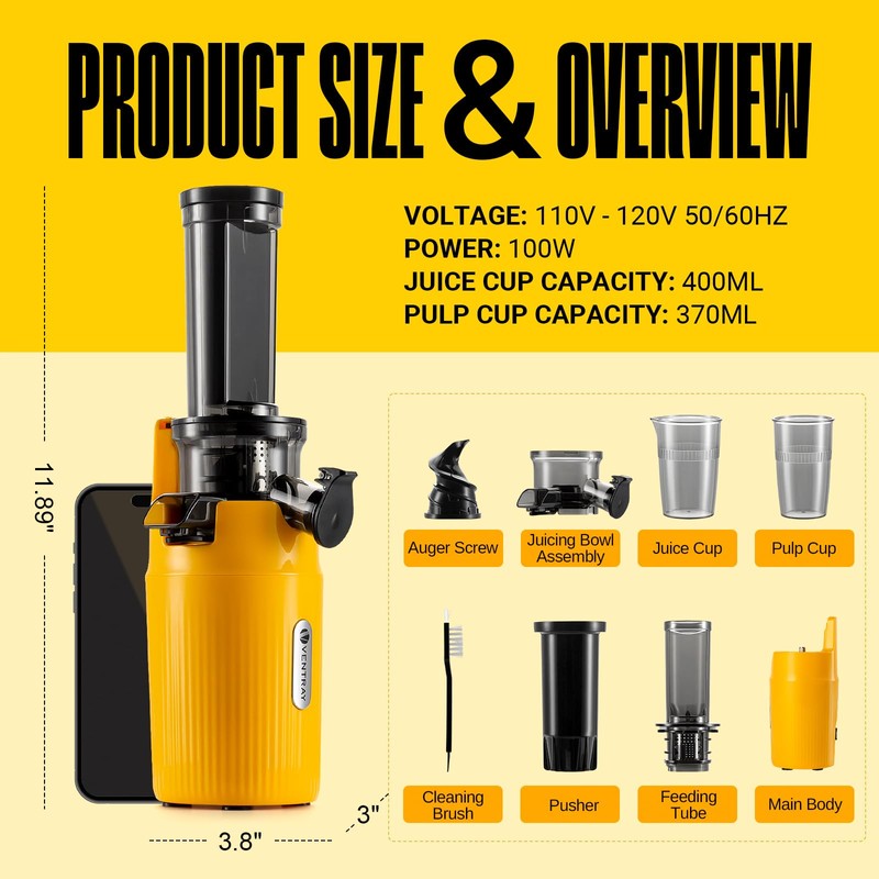 Ventray Ginnie Mini Cold Press Juicer, Small Slow Masticating Juicer