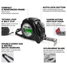 HAUTMEC 16 Ft (5m) Heavy Duty Compact AutoLock Black Tape Measure, Self-Lock, 1" Wide Black Rigid Blade, Dual Sided Rule Print 2 Pack, HT0100-TM