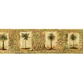CONCORD WALLCOVERINGS ™ Wallpaper Border Tropical Pattern Palm Trees Damask Ornaments for Living Room Dining Area Beach House, Beige Green Burgundy, 15 ft by 7 in SP76492L