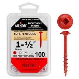 ARMOR TOOL Pocket Hole Screws - 1-1/2" Coarse Thread Joinery Screws 100 Pack with Red Color Coat & Square Drive - AW-C-150-100