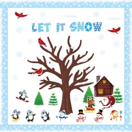 BkeeCten Christmas Winter Bulletin Board - 121pcs Winter Tree Bulletin Board Set Glue Points Let It Snow Paper Cute Snowman Penguin Snowflake Paper Cutout Winter Xmas Classroom New Year Chakeboard