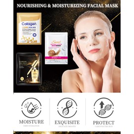 Face Mask Set-12 Packs Hydrating Facial Sheet Mask, Snail Collagen 24K Gold Glowing Skin Moisturizing Full Face Skincare Facial Mask,Valentine's Day Skin Care Product Gift Kit for Women Men-Set A