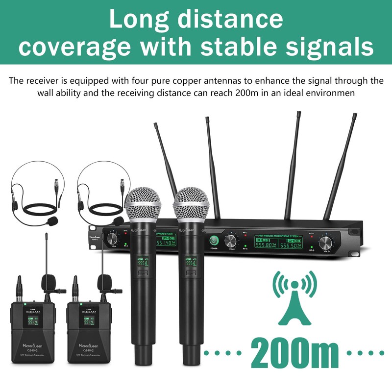 MicrocQueen Wireless Microphone System, 4-Channel UHF Professional Mic, Auto Pairing