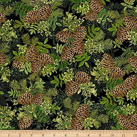 Timeless Treasures Metallic Holiday Spice Small Pinecone Bouquets Black, Quilting Fabric by the Yard