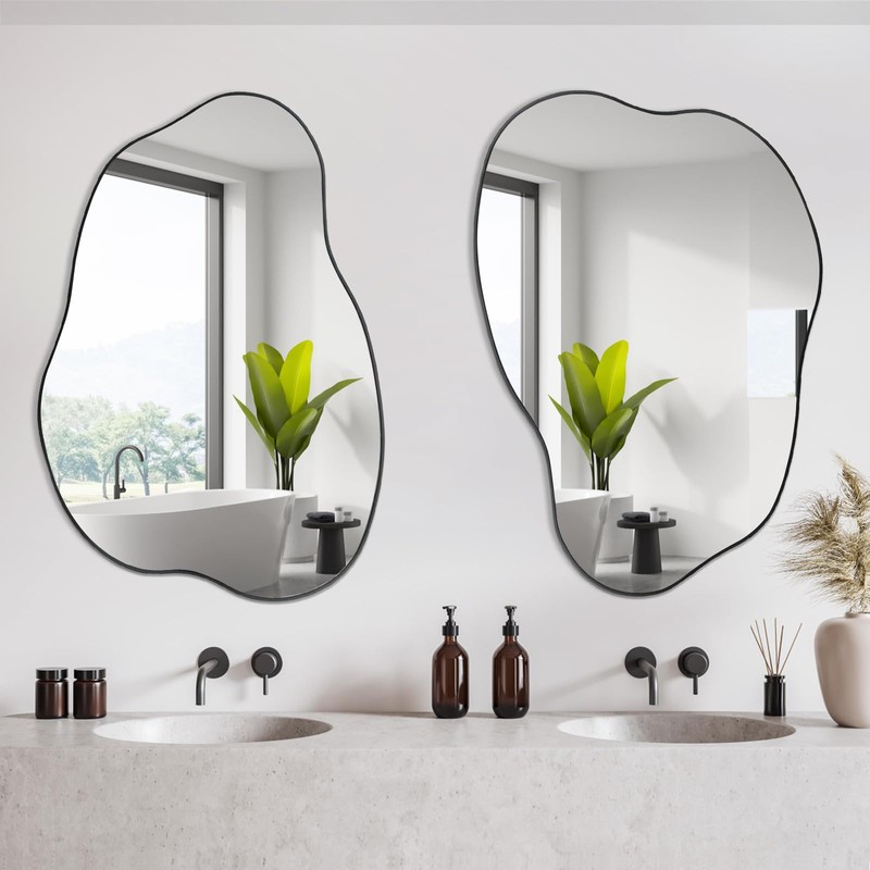 POZINO Asymmetrical Mirror, Black Irregular Mirror, Morden Unique Cloud Shaped