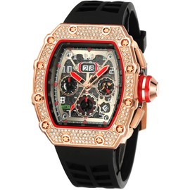 Gosasa Mens Unique Punk Bling Iced Out Dress Watches Tonneau Rectangle Watches for Men Waterproof Analog Chronograph Sports Watch Silicone Band
