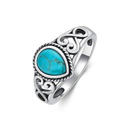 BETHZA Boho Turquoise Pear Shaped Stone Ring for Women 925 Sterling Silver Pear Ring Genuine Gemston Pear Ring US Size 7 Jewelry Gift for Her Wife