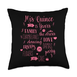 Mis Quince Typography Birthday Apparel Tees Mis Quince 15th Birthday Teenager Quinceanera Typography Throw Pillow, 18x18, Multicolor