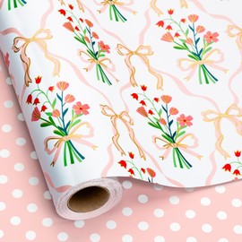 Flyhill Reversible Floral Bow Wrapping paper-17 Inch X 32.8 Feet-Metallic Gold Foil Row with Pink Point Dot Gift Wrap,Mini Roll for Girls,Birthday,Mother's Day,Wedding,Baby Shower