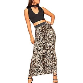 Prime fashions Womens High Elastic Waist Stretchy Bodycon Long Maxi Skirt, Leopard pattern