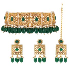 Aheli Traditional Ethnic Kundan Pearls Green Bridal Choker Necklace Earring Maang Tikka Indian Bollywood Jewelry Set Gift for Women