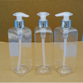 3 x Empty 300ml Square Clear Plastic Bottle with Lotion Pump (Liquid Soap/Hand Gel Dispenser) (Translucent/Silver Pump)