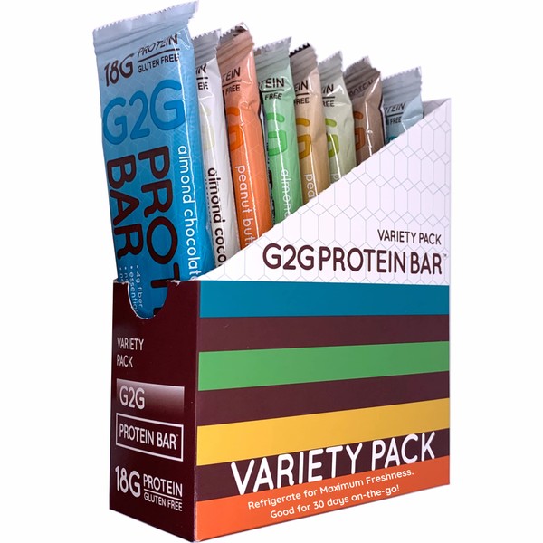 G2G Protein Bar, 8 Flavor Variety Pack, High Protein, Gluten-Free, Healthy Snack, Delicious Meal Replacement, Clean Ingredients, Refrigerated for Freshness, (Pack of 8)
