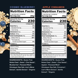 Mushroom Overnight Oats [6 servings] - Blueberry & Apple Cinnamon Flavored Organic Oatmeal Variety Pack made with Premium Grade Mushrooms - Lion's Mane, Turkey Tail, Chaga, Cordyceps