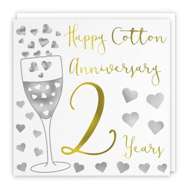 Hunts England - 2nd Wedding Anniversary Card - Happy Cotton Anniversary - 2 Years - Silver Hearts Collection - For Couple, Husband, Wife, Friends
