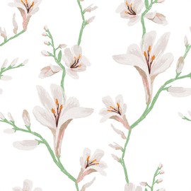 VaryFloral Floral Branches Wallpaper Peel and Stick Elegant Spring Freesia Flower Wallpaper for Bedroom Living Room Removable Decorative Floral Contact Paper for Cabinets, Prepasted, White, 12"x118"