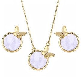 Gem Stone King White Pearl Butterfly Shape Gold Plated Brass Stud Earrings Pendant Set with 18 Inches Chain