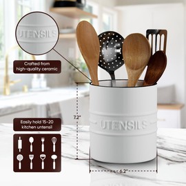 Maison Nueve Large 7.2" Utensil Holder for Kitchen Counter, Ceramic Cooking Utensil Crock, Farmhouse Kitchen Decor, Countertop Décor gift - White.