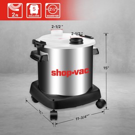 Shop-Vac Dust Collector with 5 Gallon Stainless Steel Tank, Movable Bucket for Woodworking, Easy Disposal of Dust & Debris, Prolong Filters Life, Elbow Fittings, 2-1/2" Hose and Filter Included