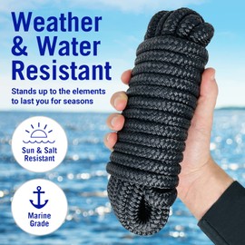 Boat Dock Lines, 1/2 Inch Braided Nylon Rope, 25 ft Mooring Marine Docking Lines with Loop, Black, 2 Pack