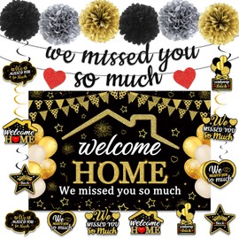 Welcome Home Banner Decorations, Black Gold Welcome Back Party Supplies Kit - Pre-Strung Glitter We Missed You So Much Banner, Swirls, Decorative Cards, Paper Pom Poms