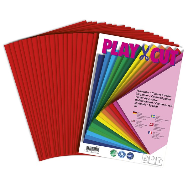 PLAY-CUT Coloured Paper A4 Christmas Red (130 g/m²) | 20 Sheets DIN A4 Paper for Crafts Printing | Thick Printable Craft Paper Set and Printer Paper A4 | Premium Coloured Drawing Paper & Craft Paper