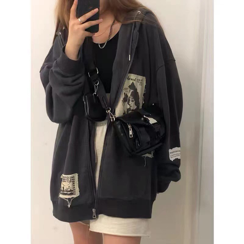 Alt Emo Clothes Women Oversized Zip Up Hoodies Rhinestone Y2k