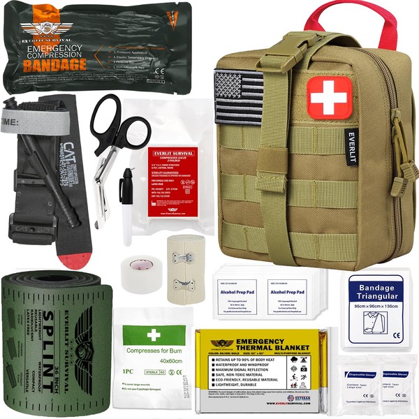 EVERLIT Emergency Trauma Kit, CAT GEN-7 Multi-Purpose SOS Everyday Carry IFAK for Wilderness, Trip, Cars, Hiking, Camping, Father’s Day Birthday Gift for Him Men Husband Dad Boyfriend (Tan)