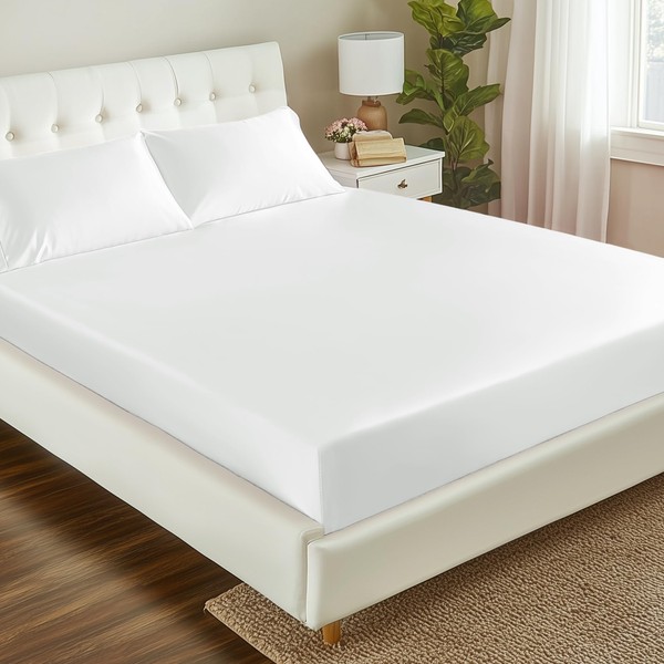 Love's cabin Satin Fitted Sheet Full Size - White Silky