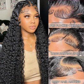 36 Inch HD Lace Front Wigs Human Hair 200% Density 13x4 Deep Wave Lace Front Wigs Human Hair Curly Human Hair Wigs for Women Glueless Deep Wave Frontal Wigs with Baby Hair Pre Plucked Curly Wigs