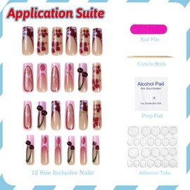 3D Press on Nails Long Square Pink French Tip Fake Nails Cherry Flower False Nails with Designs Glossy Glue on Nails Gold Curve Line Acrylic Nails for Women Girls 24Pcs