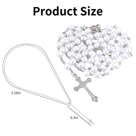 White Pearl Rosary Beads Necklace - Catholic Rosary for Men Women, Glass Beads Rosarys with Crucifix, Prayer Bead Catholic Necklace Gift, Classic Rosarys Necklaces for Prayer