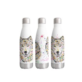 Wolf Wildlife Watercolour Rainbow Art Bottle Double Walled Insulated Stainless Steel Sports Drinks 500 ml White Gift Ideal for School Work Office Outdoor Sports Holds Hot and Cold Drinks