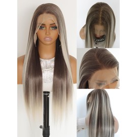 GALLAG Highlight Brown Platinum Blonde 13x6 Lace Front Wig Pre Plucked Glueless Long Straight Ombre Dark Brown White HD 13x6 Frontal Wig Free Deep Part Synthetic Lace Front Wigs for Women
