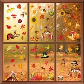 WALPLUS Autumn Window Stickers Clings Home DecorationsRemovable Reusable Double-Sided Print Decals for Glass Living Room Windows Display Home Décor Thanksgiving Turkey 89 Pieces, WSW6005, One Size
