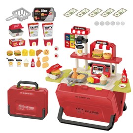 55PCS Kids Fun Toys Portable Fast Food Play Set for Toddlers Ages 3-8 - Realistic Outdoor Pretend Cooking Toy, Camping Kitchen Pretend Play Toy Set, Birthday Gift for Boys Girls (Red)