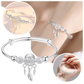 Luckilemon Silver Dream Catcher Tassel Feather Charm Bracelet Bangle Adjustable Mother's Day Jewelry Gift Birthday Christmas Gifts for Women Mom Wife