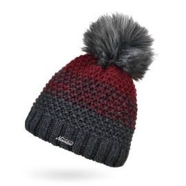 Neverless® Women's Knitted Hat Lined Fleece Fur Pom Faux Fur Winter Hat Bobble Hat Chunky Knit Multicoloured, Dark grey-burgundy