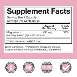 American Standard Supplements- “Glicinato de Magnesio para Mujeres, Elemental 250mg Por Una Cápsula, Suministro para 90 Días, Quelato, Suplemento,