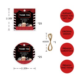 FORSHEEP 50pcs Movie Thank You Tags, Movie Night Gift Tag with String for Hollywood Movie Party, Round Thank You Paper Tags for Birthday/Cinema Theater Party Favors