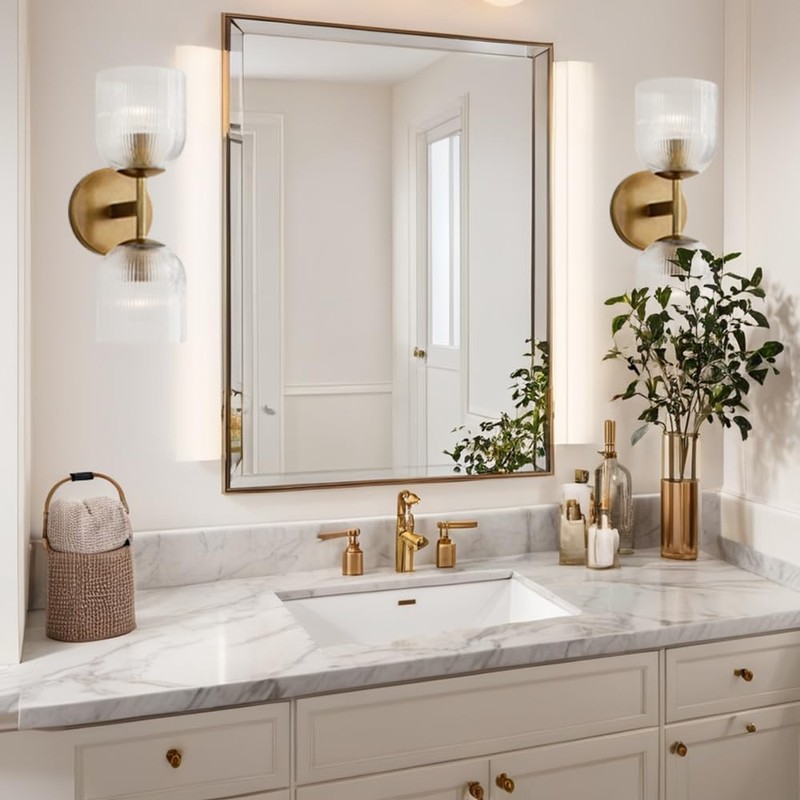 Antique Brass Wall Sconce, Bell-Shaped Double Bathroom Sconce with Ribbed