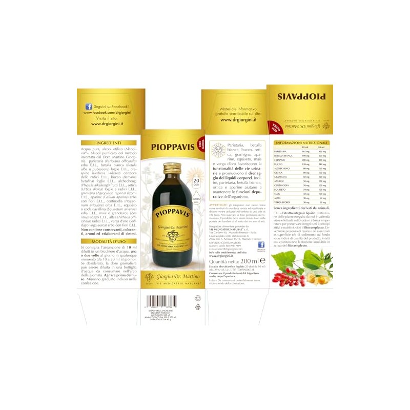 PIOPPAVIS Liquido alcoolico - 200 ml (integratore di betulla bianca,