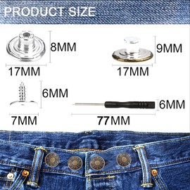 Heartfeltyire Jeans Buttons Replacement 8 Set 17mm Instant Adjustable No Sewing Nailess Removable Metal Pants Suspender Button Replacement Repair Combo Kit for Tightener Loose Jeans with Screwdrivers