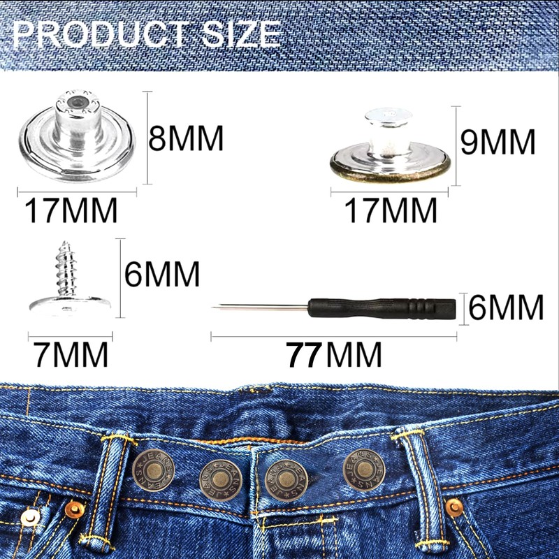 Heartfeltyire Jeans Buttons Replacement 8 Set 17mm Instant Adjustable No
