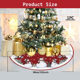 Snowman Christmas Tree Skirt 36 Inches, Xmas Tree Skirts Christmas Tree Mat, Red Backgrond Snowflake Pencil Tree Skirt, Snowman Snowflaks Christmas Tree Decorations for Home Party Holiday Decorations