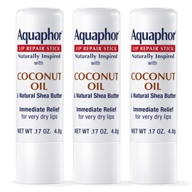 Aquaphor Naturally Inspired Lip Repair Stick with Coconut Oil and Natural Shea Butter, Hydrating Lip Balm Stick Immediately Relieves Dryness and Soothes Chapped Lips, 0.17 Oz Stick, Pack of 3