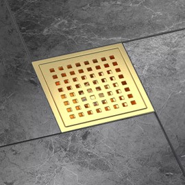 Premium 6" Square Shower Floor Drain with Flange - Quadrato Pattern Removable Grate, Brushed Gold Finish, Food-Grade SUS 304 Stainless Steel