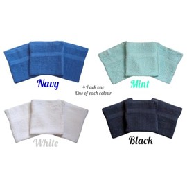 Waddington Face Cloth Flannels Pack Of Four 100 Percent Cotton Assorted Colours White, Navy, Mint, Black