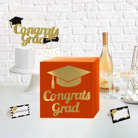 Graduation Card Box Holder, Congrats Grad Foldable Cardboard Decorations Box for Graduation Party Decoration and Grad Parties (Orange)